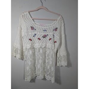 Ana Rose Shirt‎ Top Womens XL Short Sleeve Embroidered Lace Crochet Blouse